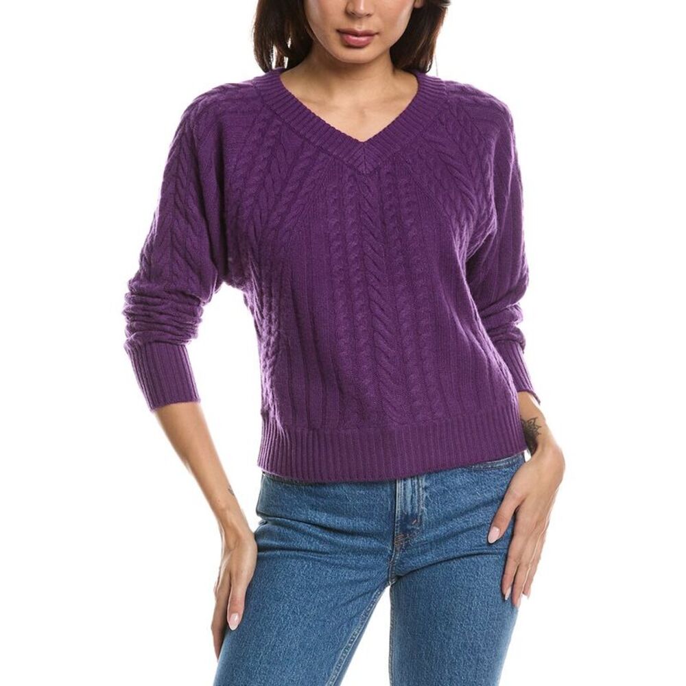 Forte Cashmere Womens  Diagonal Cable V-Neck 100% Cashmere Sweater, Purple